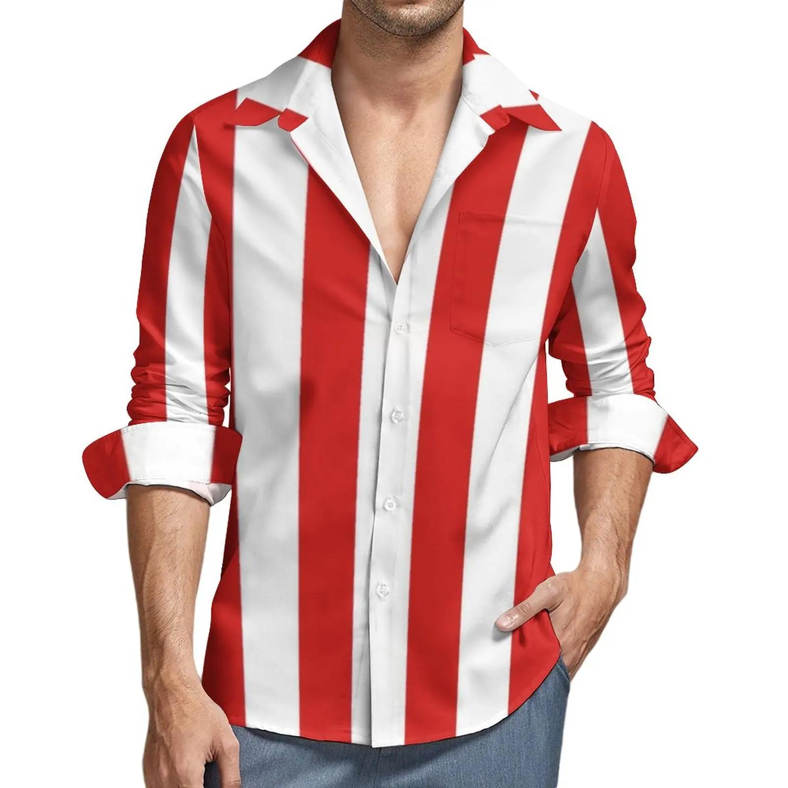 빨간색과 흰색 줄무늬 셔츠 남성 빈티지 인쇄 캐주얼 셔츠 봄 재미 있은 그래픽 블라우스 긴 소매 패션 특대 최고 선물